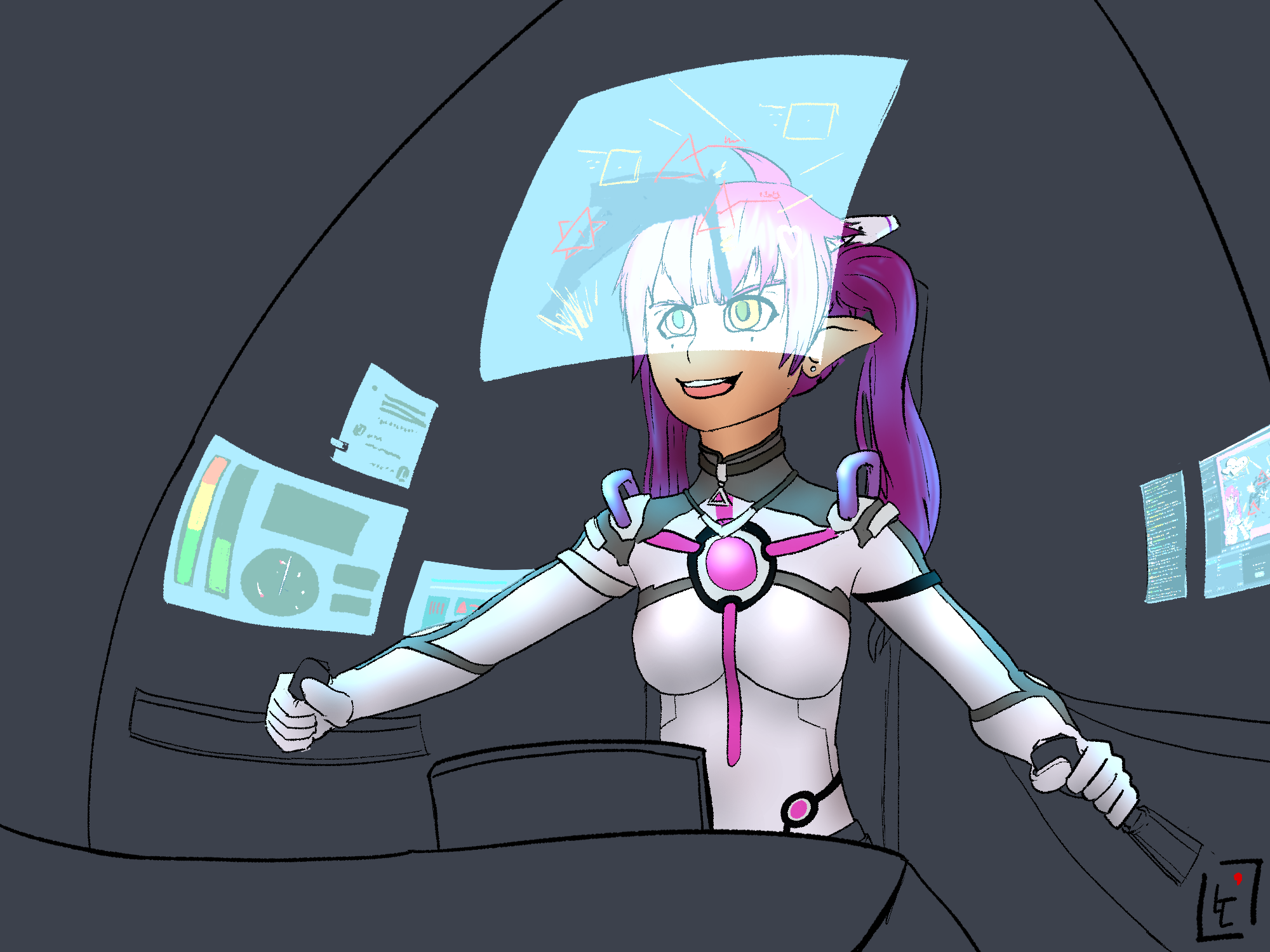 Iris piloting her mecha while streaming.