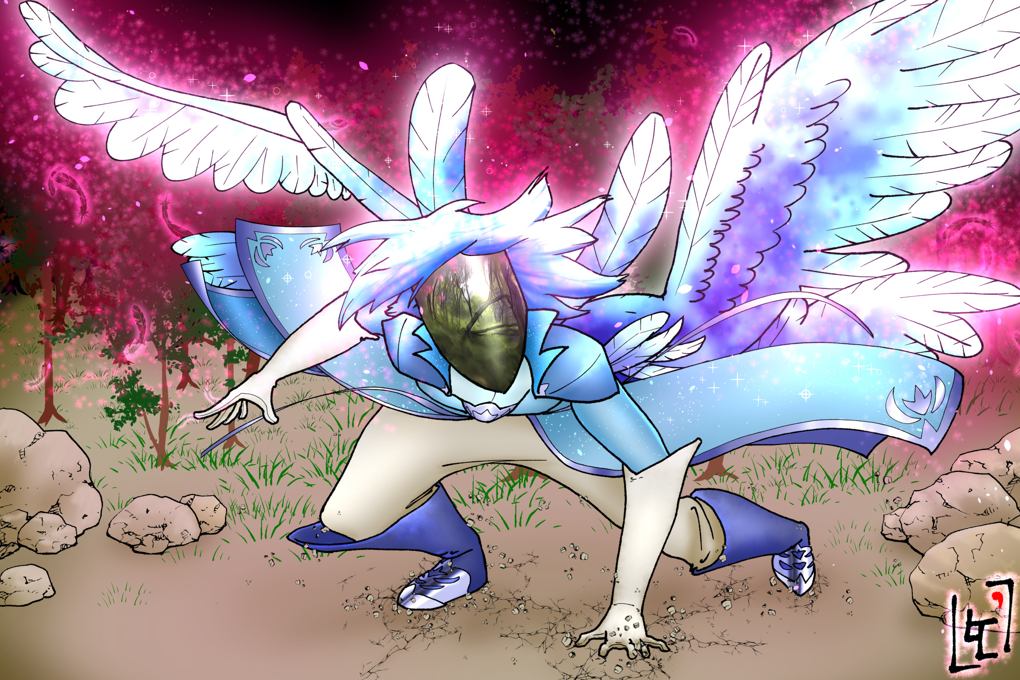 A humanoid person crouched in the forest, with large wings. The person is wearing a reflective mask. The art style in the reflection is realistic.
