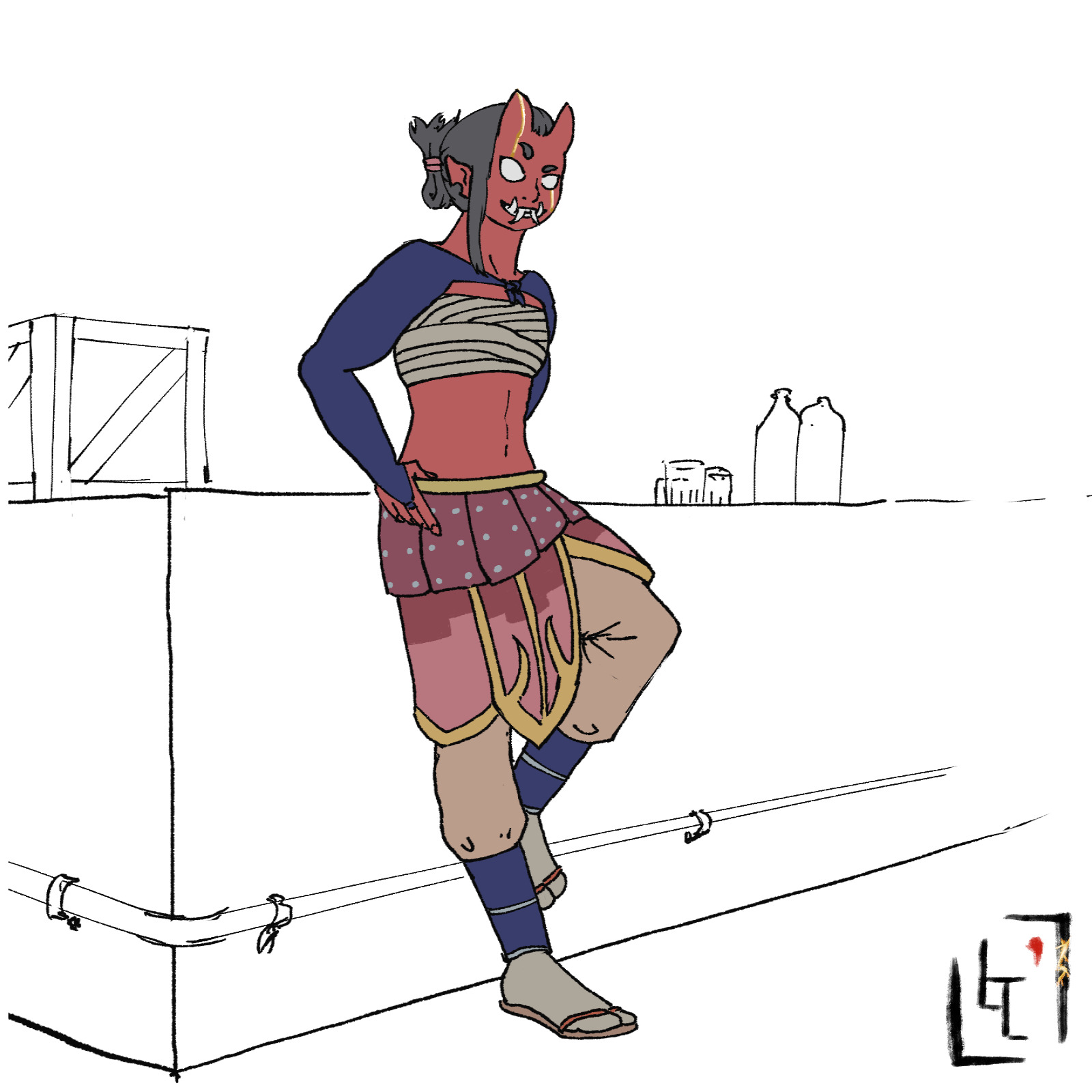 A Tiefling leaning against a bar.