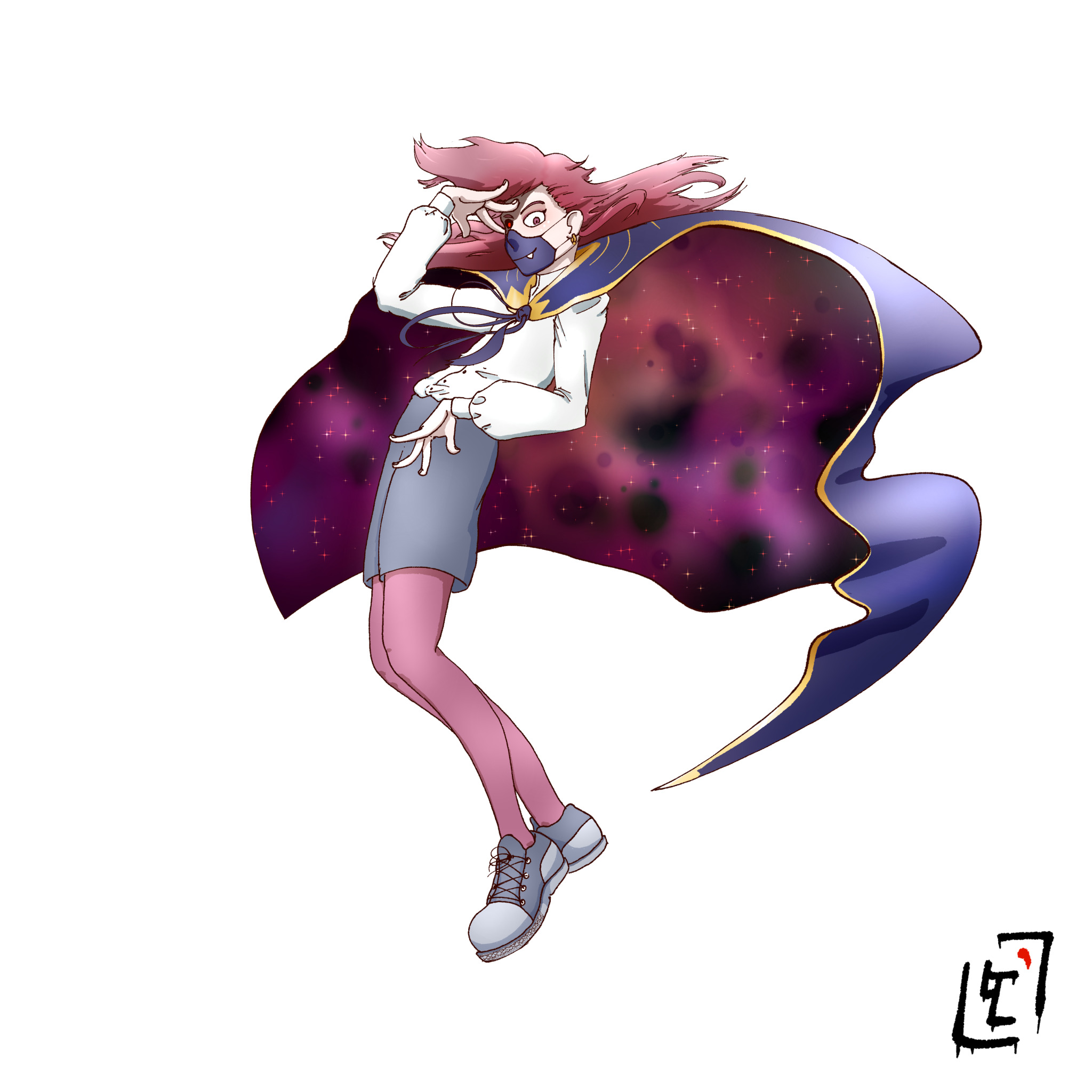 A human in a dramatic pose, wearing a billowing cape. The cosmos can be seen in the inside of the cape.