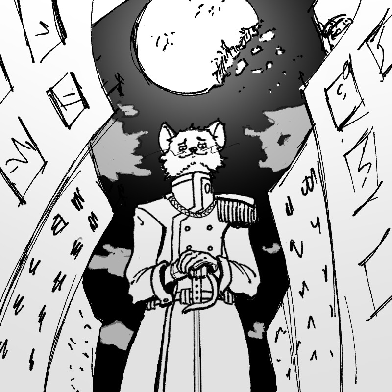 An anthropomoprhic cat looking down; he is wearing military garb. The perspective is exaggerated. The moon is large is just above the character.