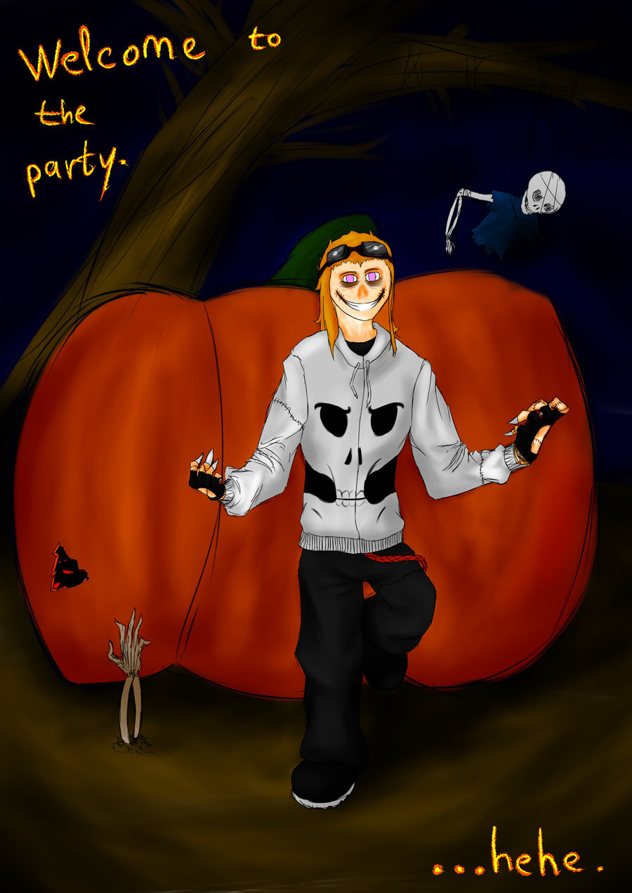 Fereinn standing in front of a giant pumpkin. He is wearing makup to look like a budget skeleton.