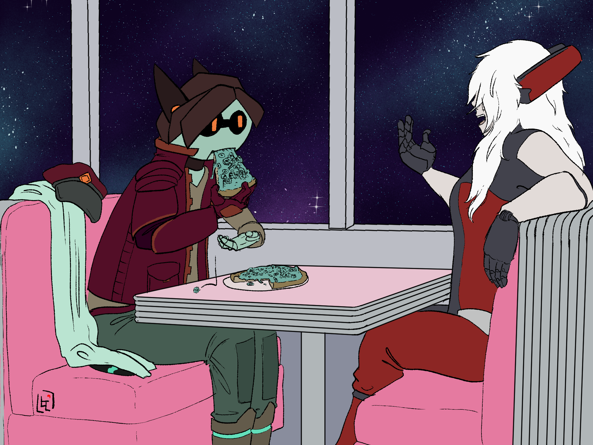 Tracker and Feryuu sitting at a sdiner (space diner). Tracker is eating a pizzap slice.