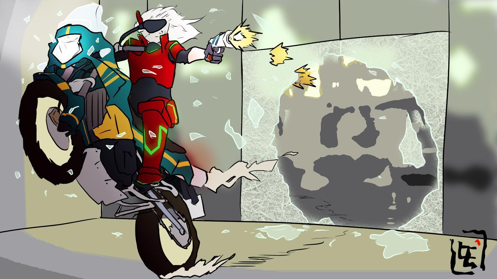 Feryuu doing a wheelie on a motorbike while firing a gun