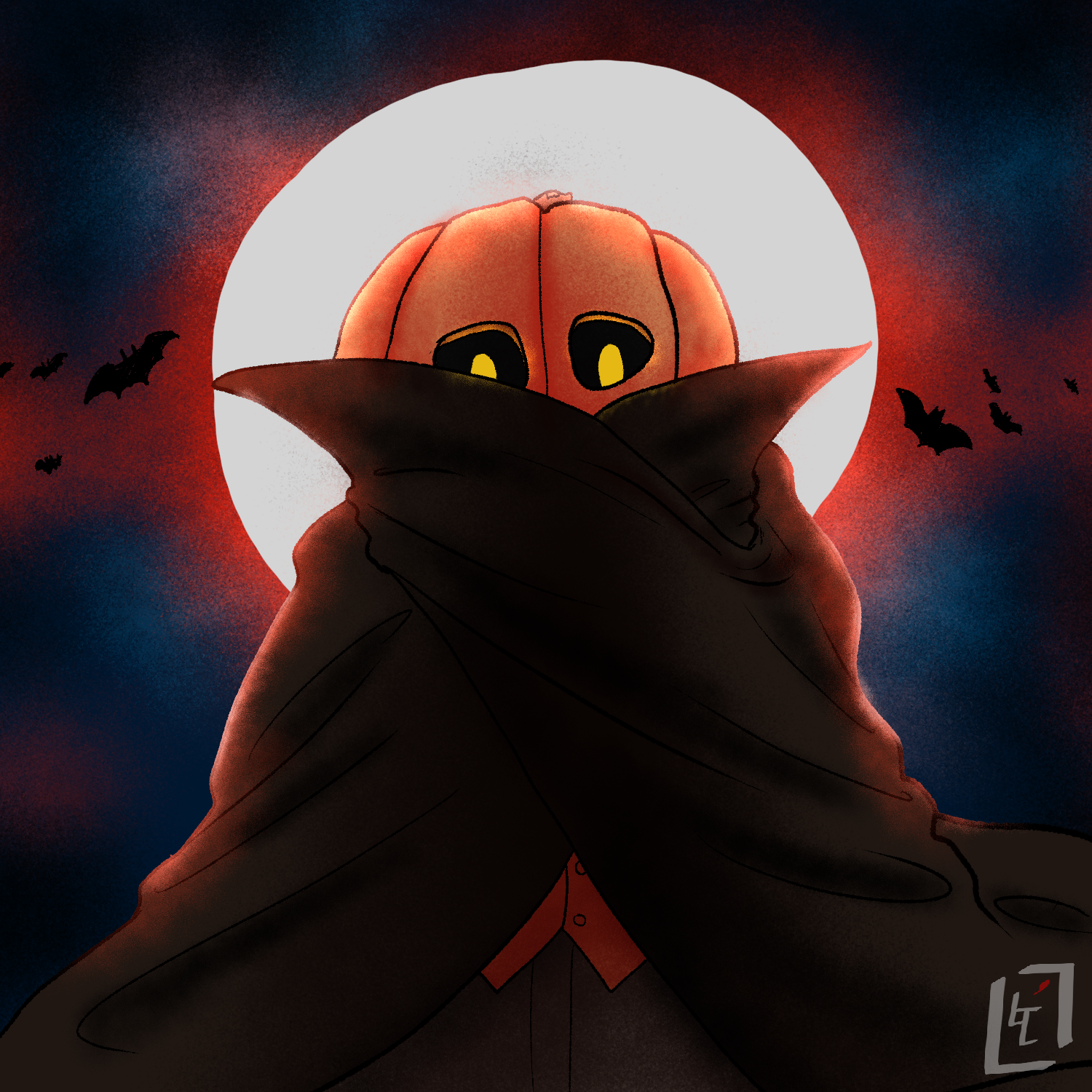 Candy Corn looming over the viewer. The moon shines red in the background.