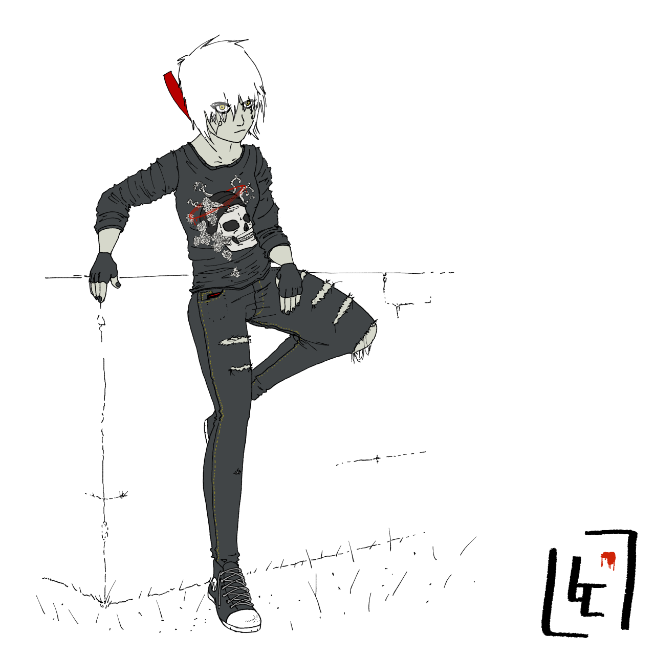 Feryuu, leaning against a well. She is wearing tighe ripped jeans, and a long sleeved tee with a picurte of a skull on it. The skull has a halo of blood.