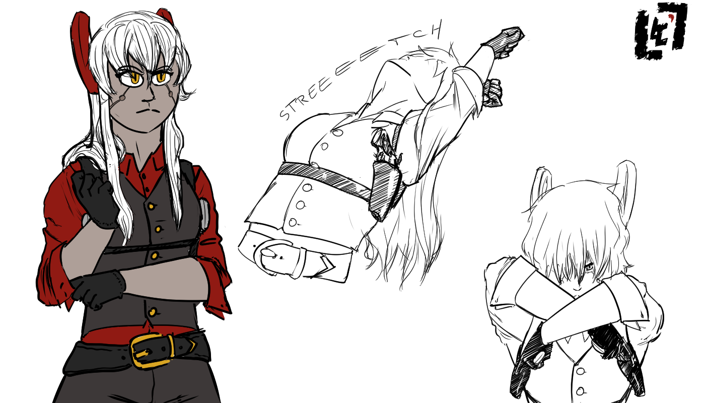 Feryuu in various poses. She is wearing a red button shirt with rolled up sleeves, a black vest, and black gloves.