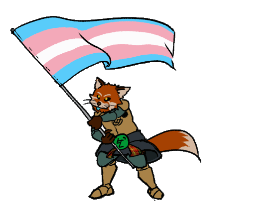 An anthrpomorphic red panda enthusiastically waving a trans flag.