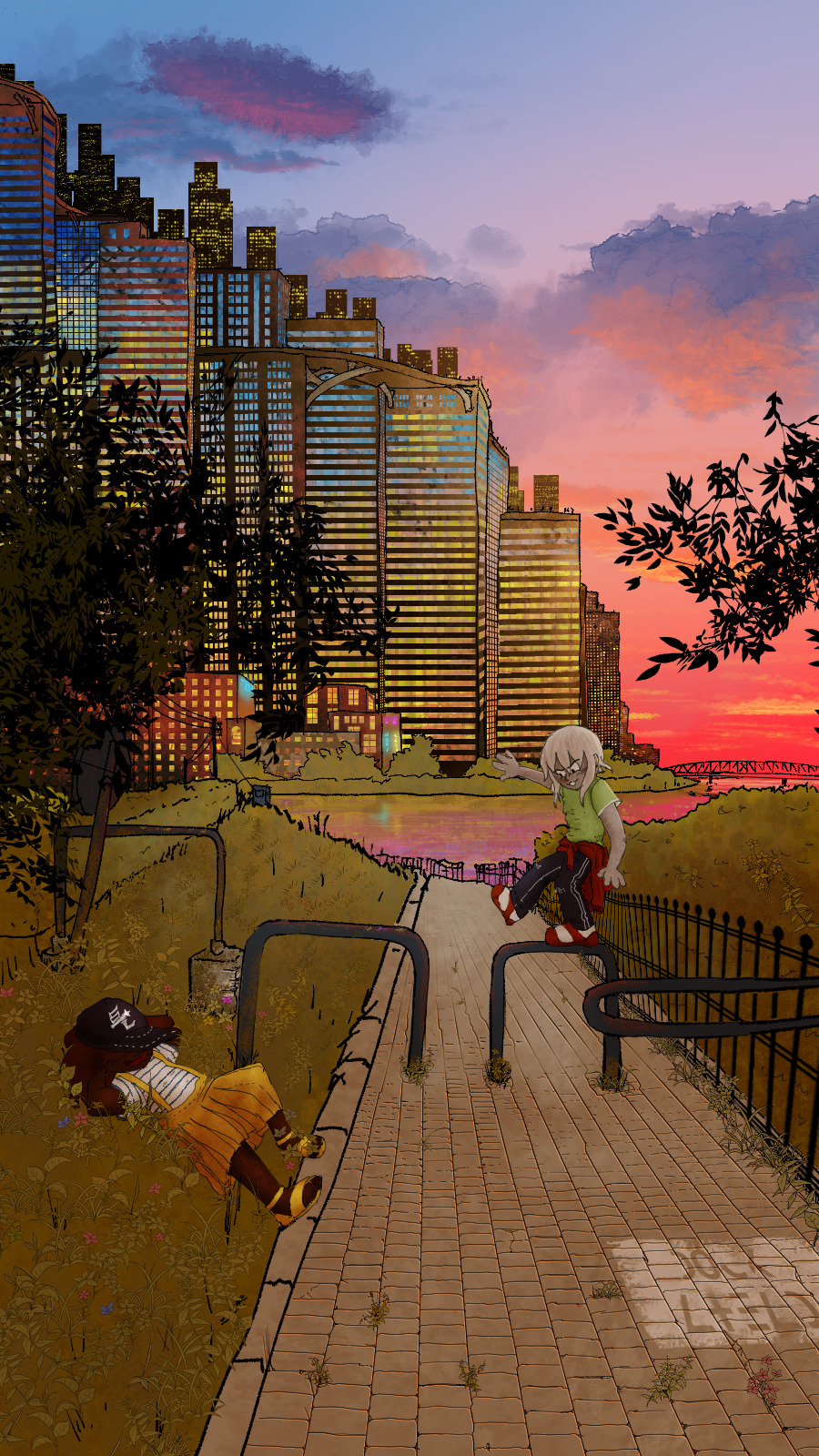 A picture of Feryuu and Amy. Amy is lying down in the grass on the side of the path. Feryuu is balancing on metal bars. Cape Namida can be seen in the background. It is dusk.