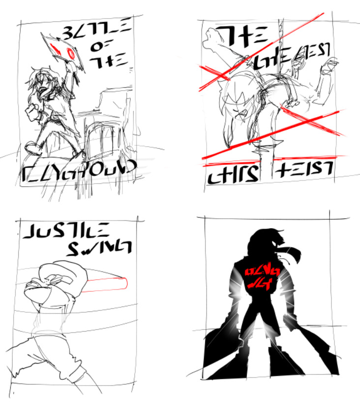 4 illustrations. The first one is of Feryuu, holding a red NO sign while shouting from atop a playfground slide. The second one is Feryuu dangling from a rope with lasers around. Third is Feryuu swinging a bat. Last is silhouette of Feryuu from the back.