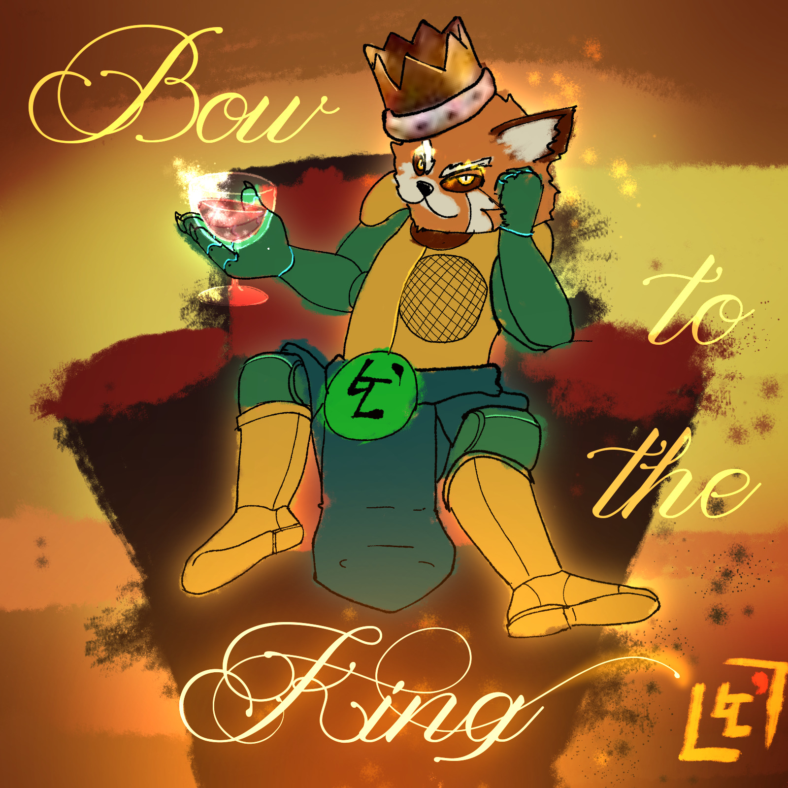 A red panda wearing power armour and a crown, sitting on a throne, with a wine glass in its hand. Its head is resting in the palm of its other hand. "Bow to the King" is adorned around the picture in fake cursive.