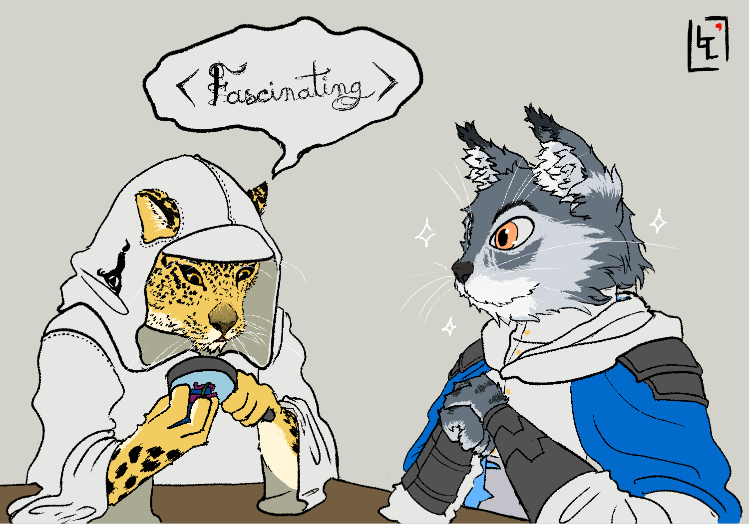 Eraf observing an artifact and saying "Fascinating" while Pebbles observes him, looking pleased.