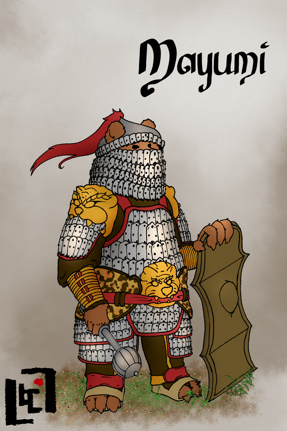 An anthropomorphic bear wearing a full mallemal armour