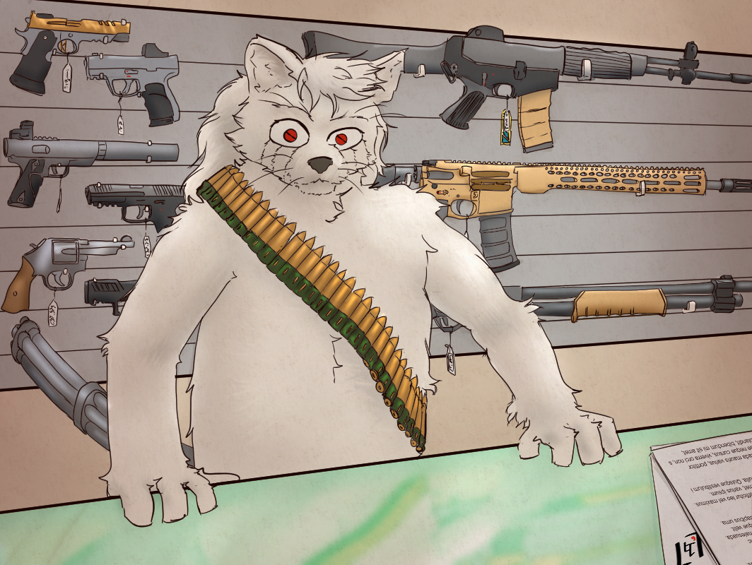 Tommy looking at the viewer while standing behind a counter. Guns are on display in the back.