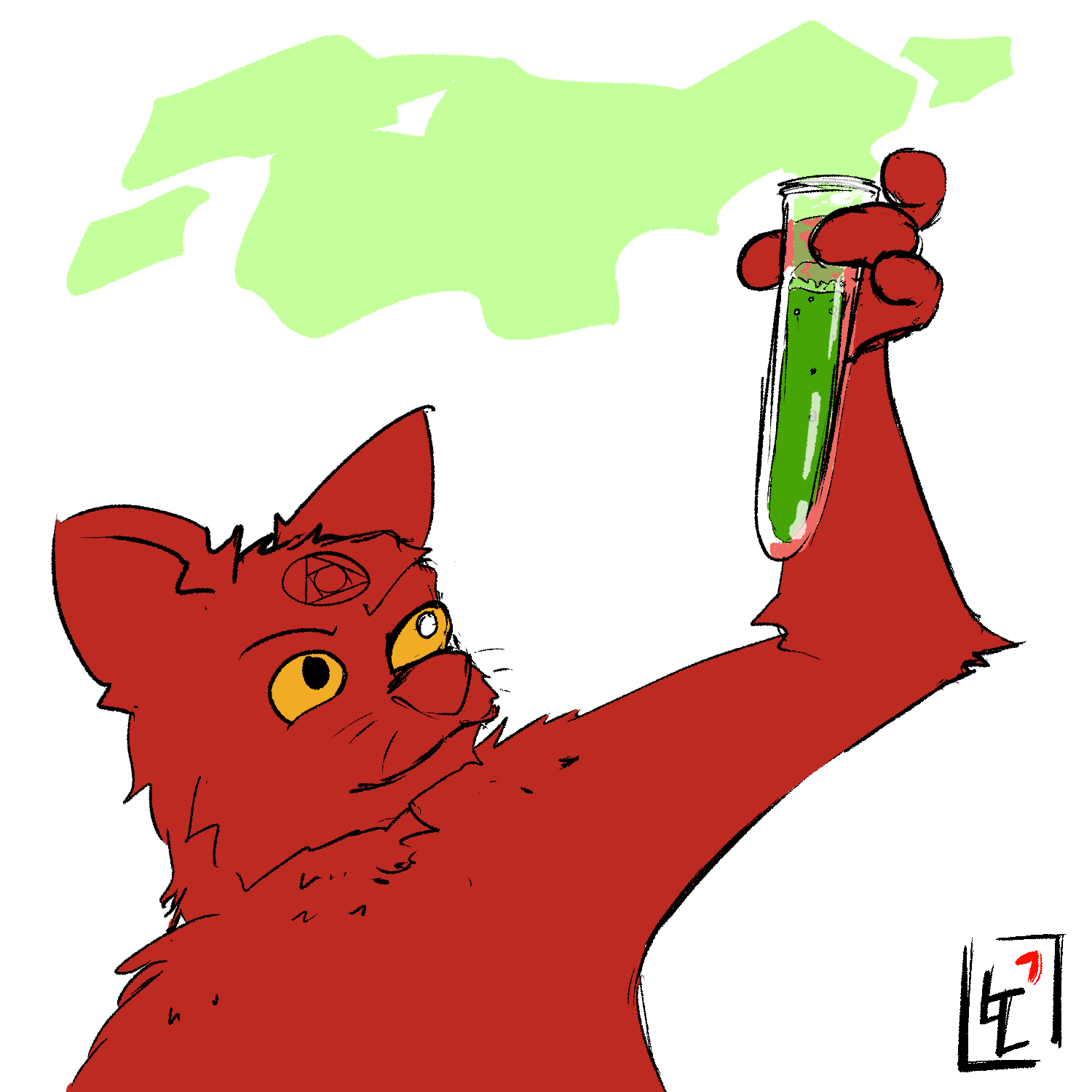 Hermis pondering a vial filled with a green liquid.