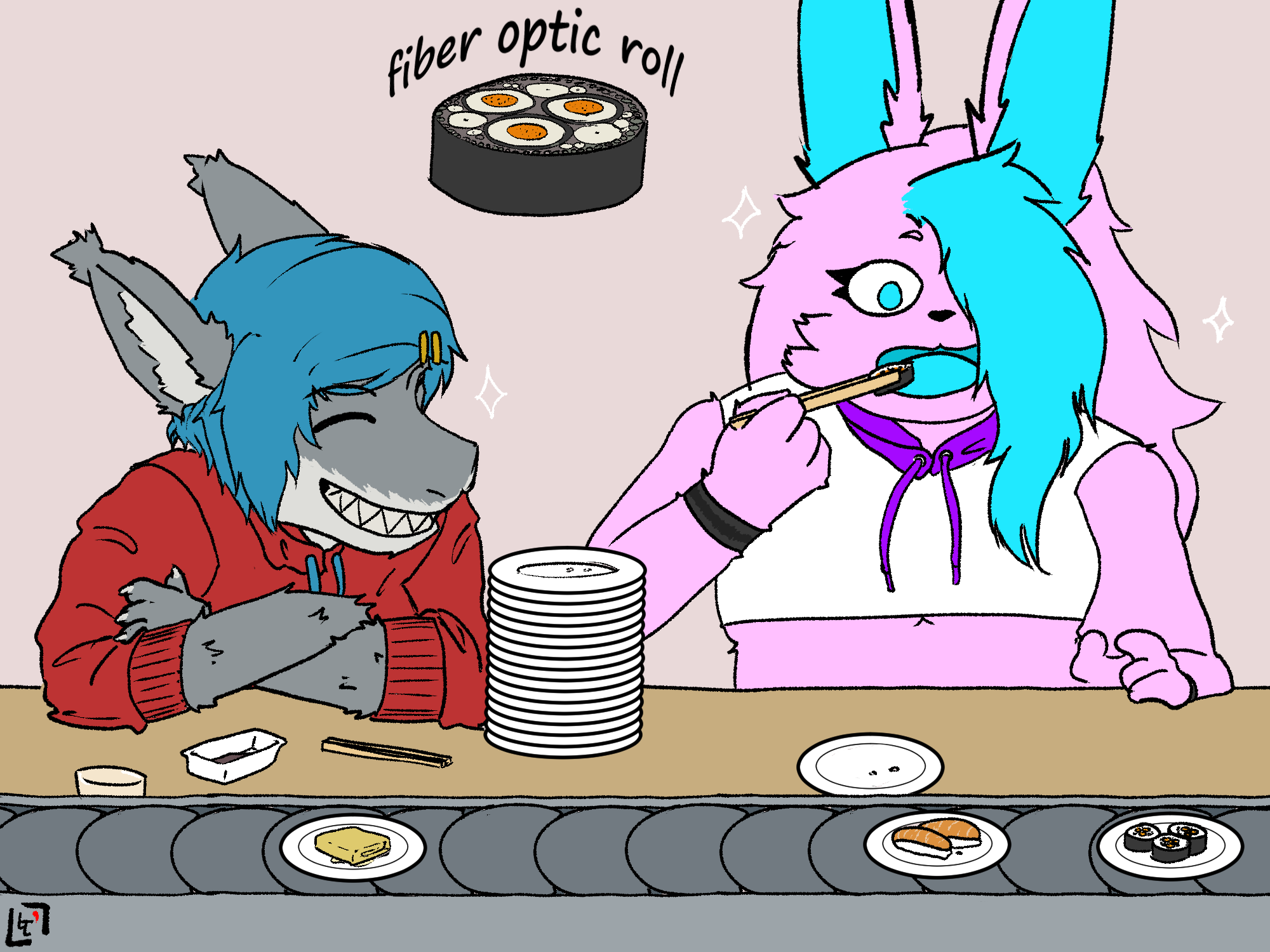 Osda and Moon enjoying sushis at a conveyor belt joint. The rolls are implied to be optic fiber slices.