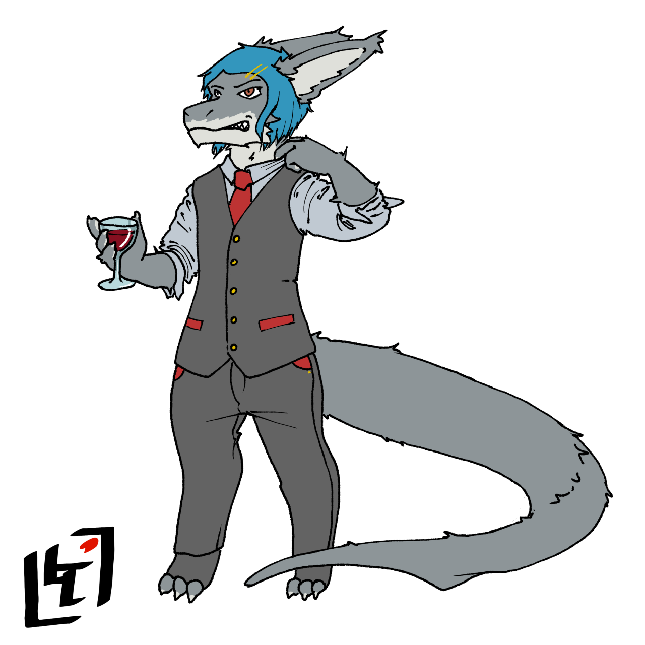 An anthropomorphic shark wearing a suit and tugging at her collar.