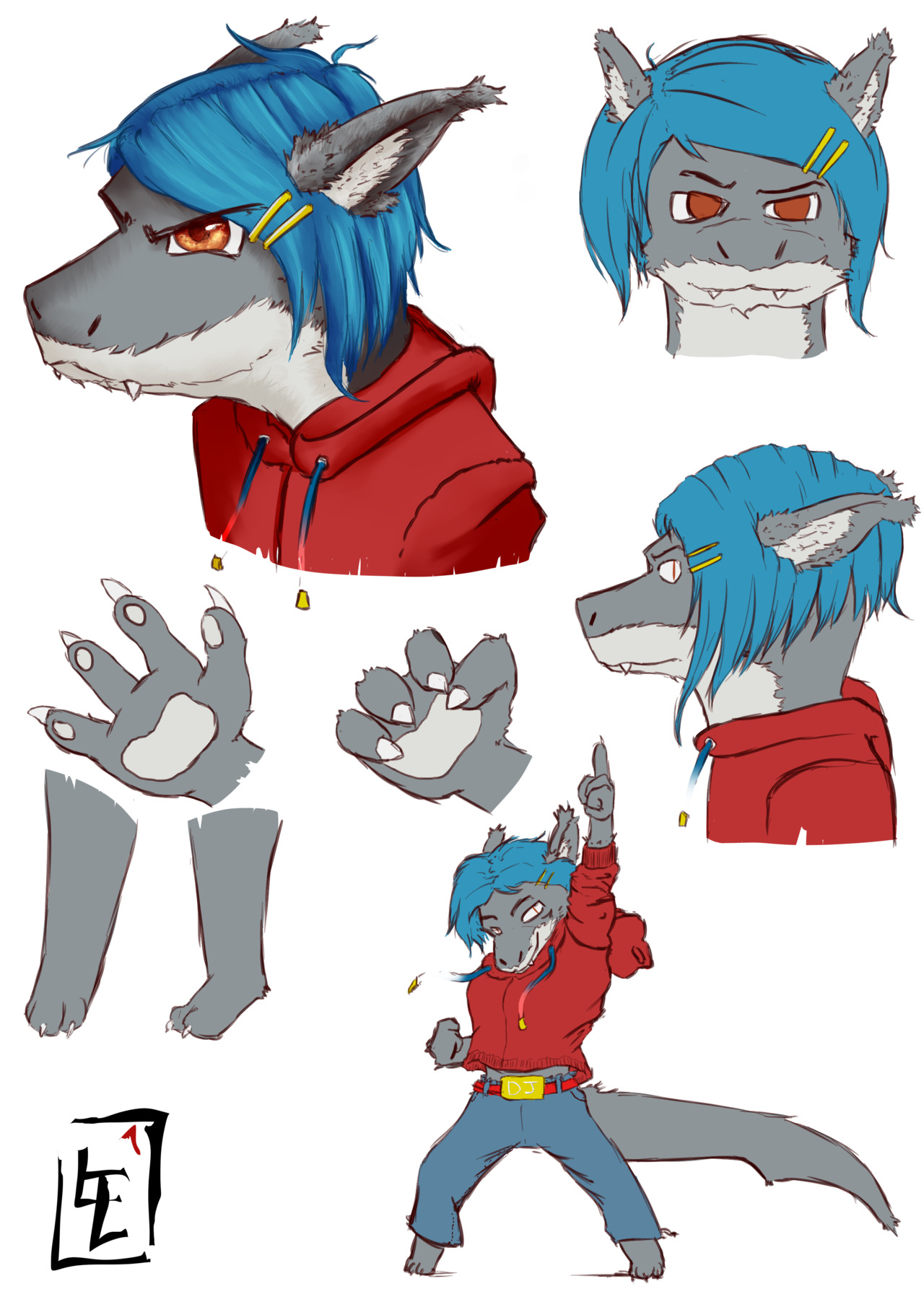 An anthropomoprhic shark in various angles. She is wearing a red hoodie, blue jeans, and has blue hair.