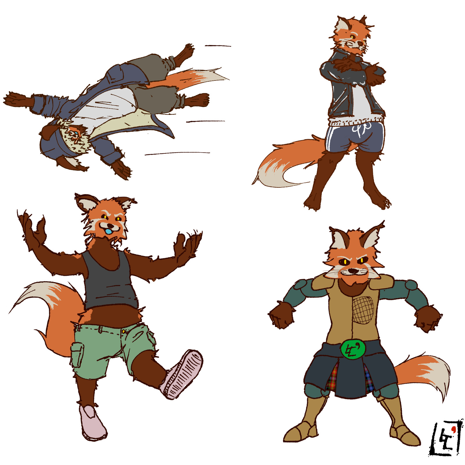 4 pictures of Linkyu's fursona in various outfits.