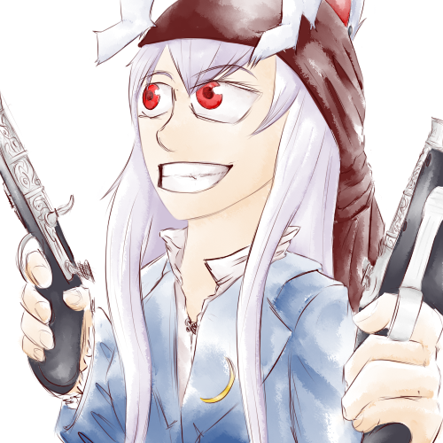 A bust shot of Reisen holding two flintlocks.